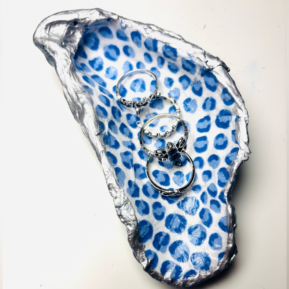 Handmade Oyster Shell Trinket Dish W/ Blue Leopard Decoupage Design - Picture 2 of 6